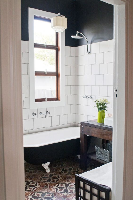Dark Wood Vanity Adds Rustic Charm to White Tile Bathroom