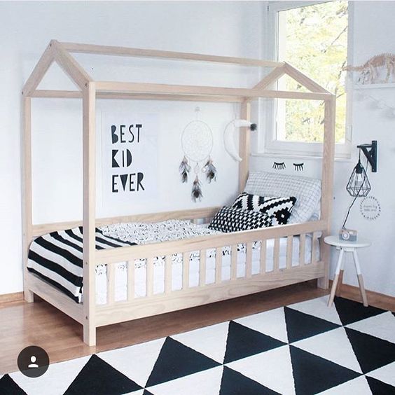 Wood House Bed Frame with Black and White Bedding