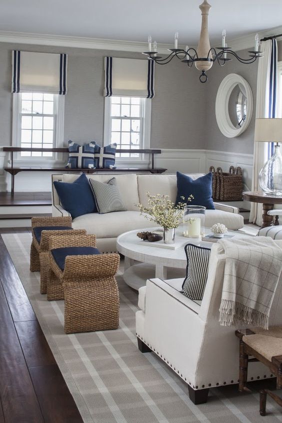 Woven Stool Ottomans Add Natural Texture to a Neutral Living Room