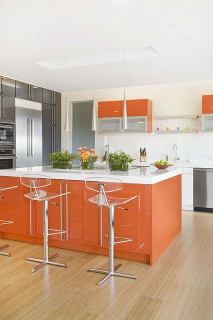 Orange Island Cabinets Add Glossy Shine To Modern Kitchen