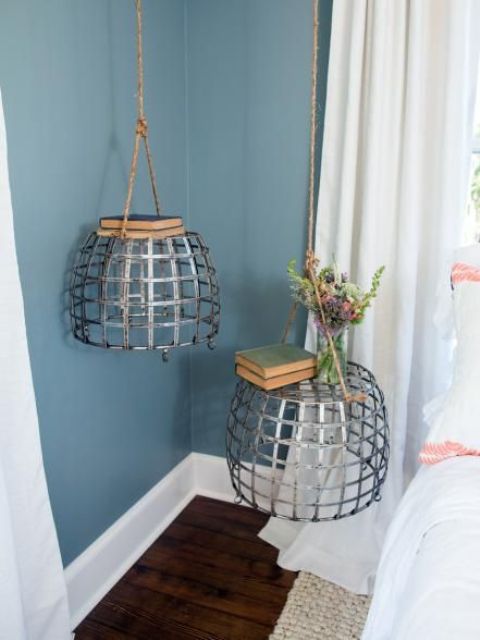Wire Cage Baskets Hung by Rope for a Light Touch