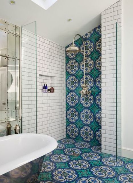 Bold Patterned Tiles Create a Vibrant Shower Accent