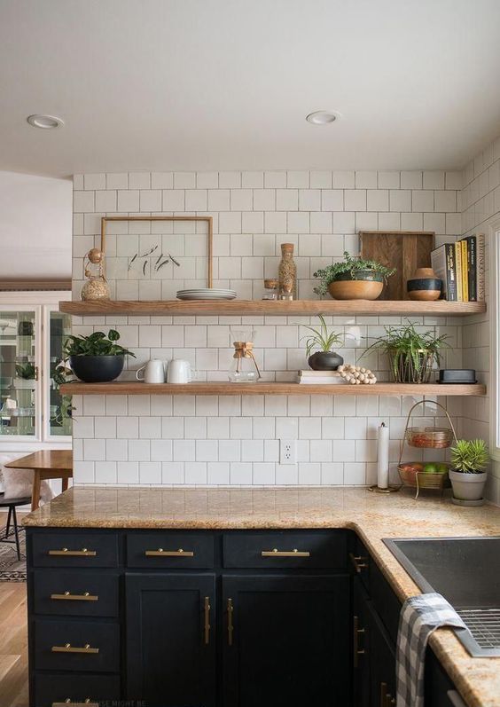 Floating Shelves Displaying Greenery and Kitchen Accents