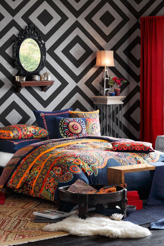 Bold Geometric Wallpaper Anchors Colorful Boho Bedding