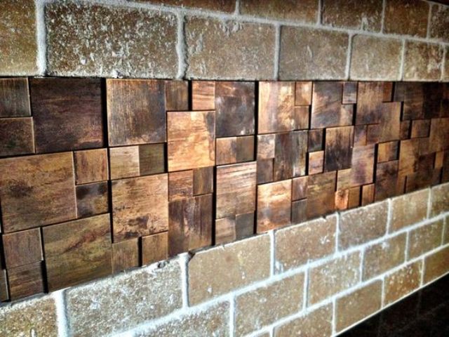Textured Wood Squares Add Dimension To Brick Wall