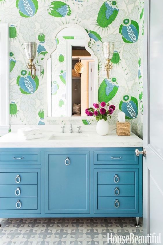 Bold Blue Vanity With Geometric Hardware
