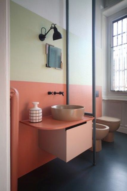 Floating Vanity With Two-Tone Walls Creates a Playful Block