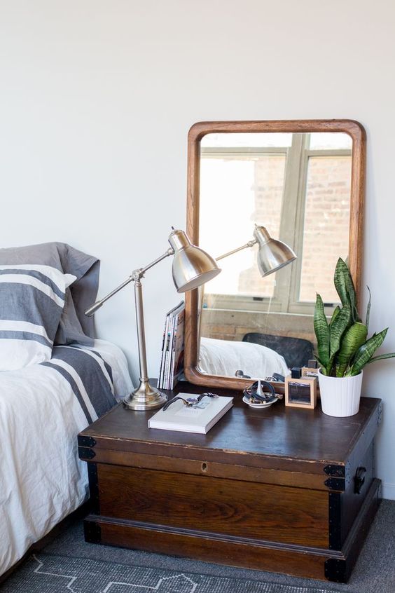 Wooden Trunk Nightstand with Metal Accents