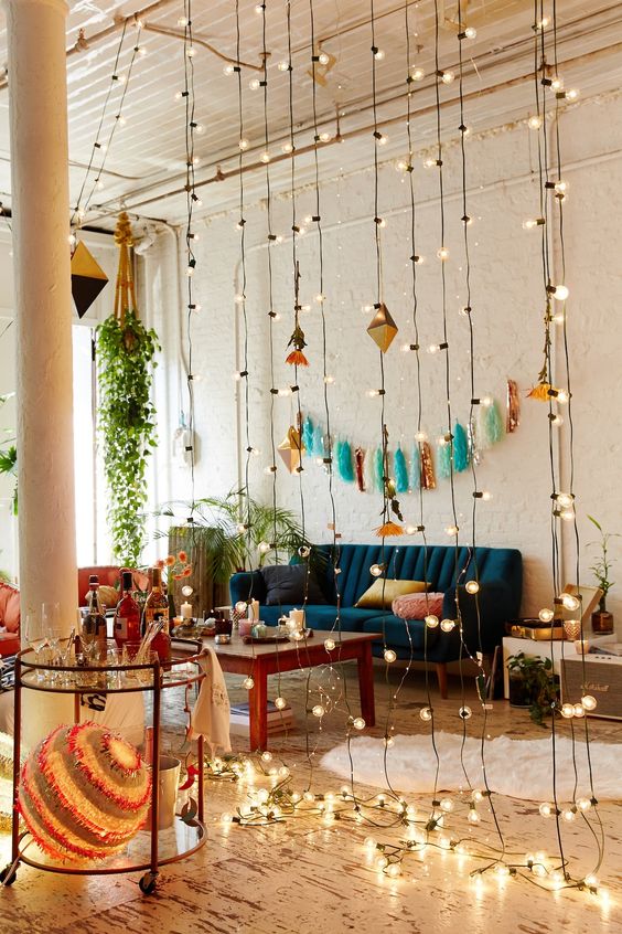 Cascading String Lights Create a Whimsical Room Divider