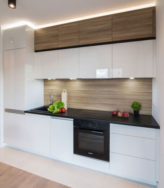 Wood Grain Backsplash Adds Warmth to Minimalist White Kitchen