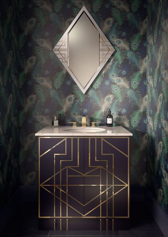 Dark Vanity With Geometric Gold Inlay