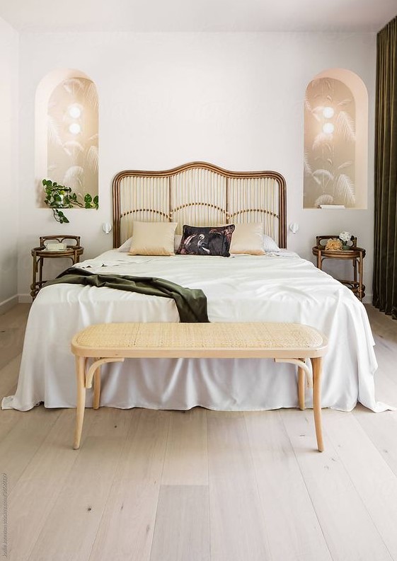 Arched Wall Niches With Tropical Wallpaper and Ambient Lighting