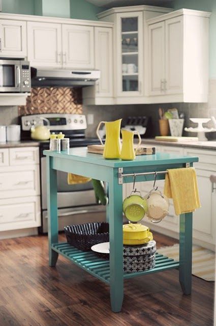 Turquoise Island With Towel Bar and Hanging Utensils