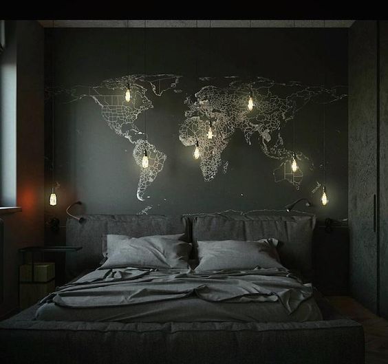 World Map Mural with Edison Bulbs Creates a Dramatic Focal Point