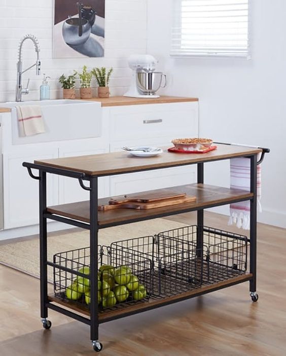 Rolling Island With Wire Baskets For Produce Storage