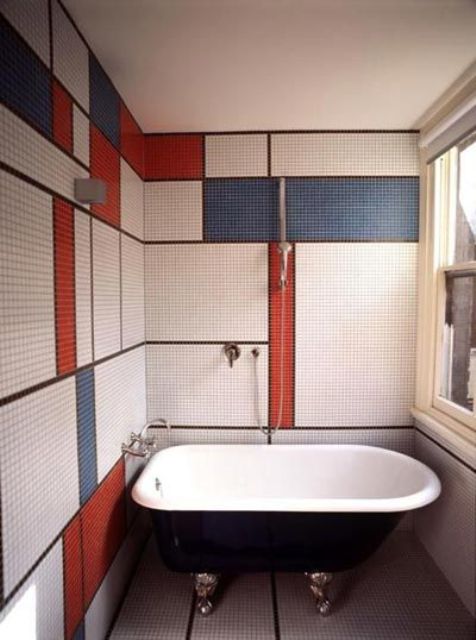Mondrian-Inspired Tile Walls Create a Graphic Color Block