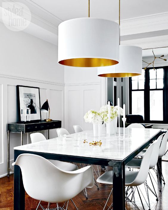 Drum Pendant Lights With Gold Interiors Add Warm Glow