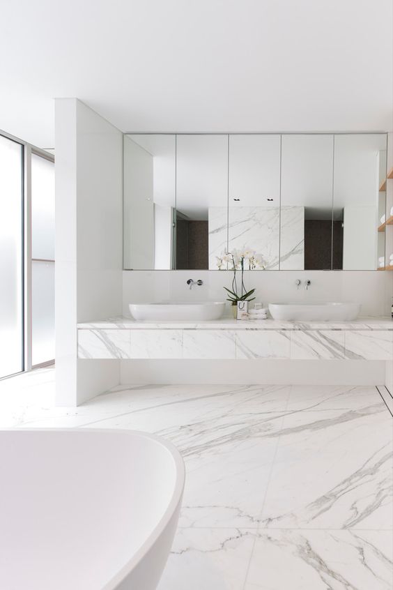Floating Marble Vanity With Integrated Sinks