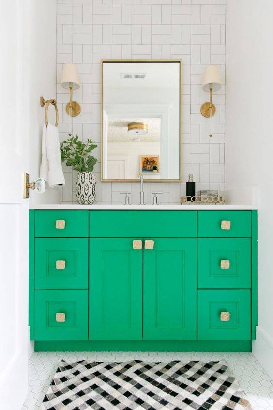 Square Knobs Add Textured Detail to Bright Green Vanity