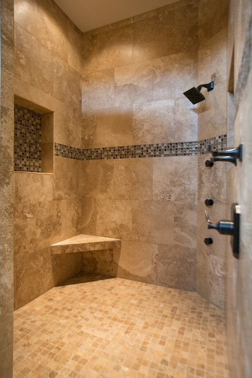 Mosaic Tile Band Adds a Speckled Detail Above the Corner Shelf