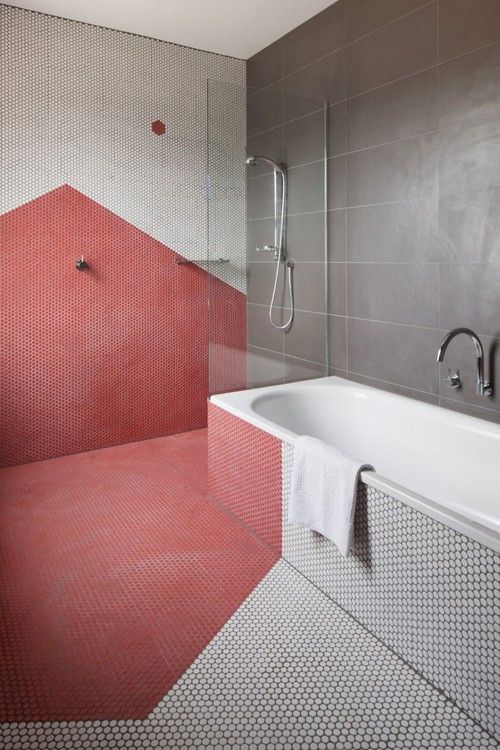 Geometric Red Penny Tile Creates a Bold Accent Wall