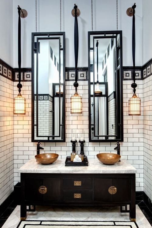Cage-Like Pendant Lights Add Dramatic Flair Above Sinks