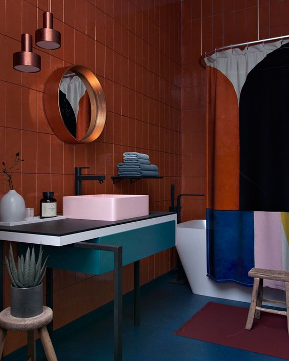 Bold Color Block Shower Curtain Adds Dramatic Flair
