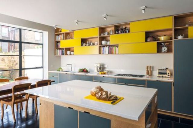 Bright Yellow and Wood Open Shelving for Display