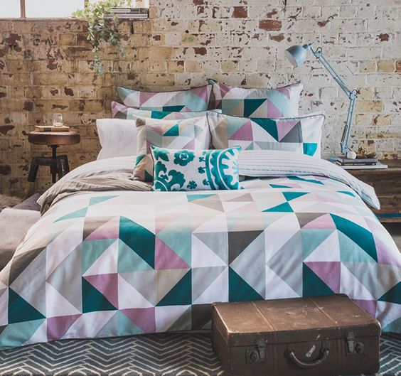 Duvet Cover With Pastel Triangles and Teal Accents