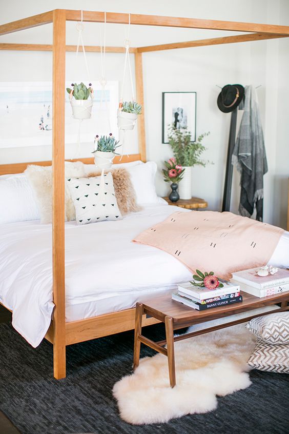 Hanging Succulent Planters Add Greenery to Canopy Bed Posts
