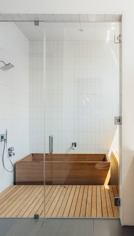Deep Wooden Soaking Tub With Slatted Decking