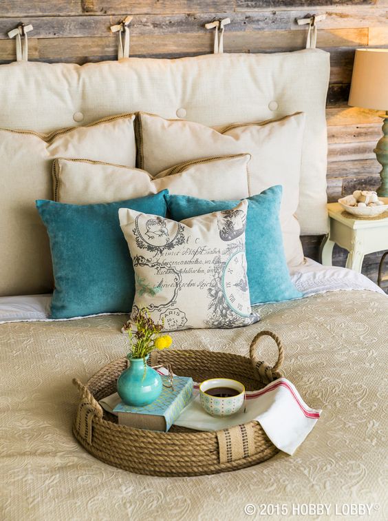 Pillow Headboard with Rustic Wood Wall Adds Cozy Texture