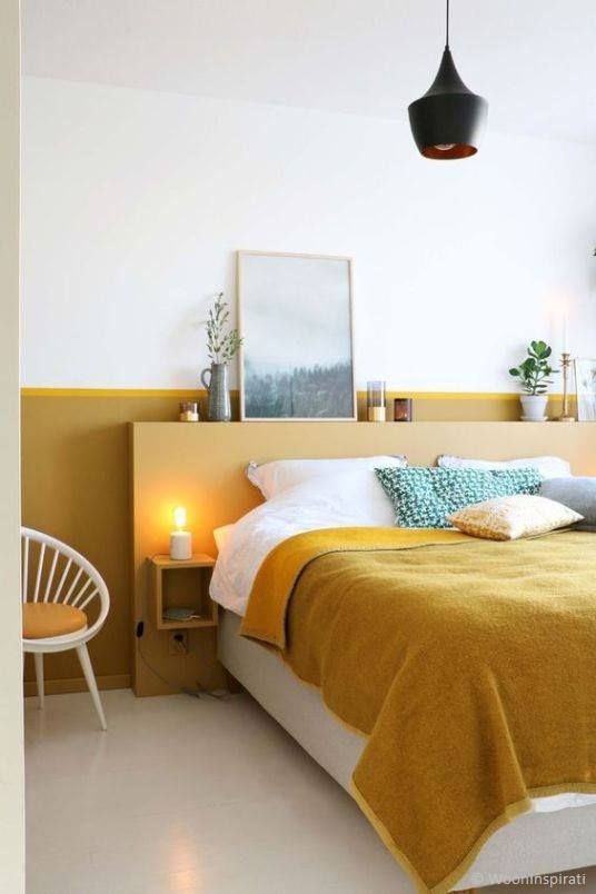 Yellow Accent Band Creates a Warm Headboard Zone