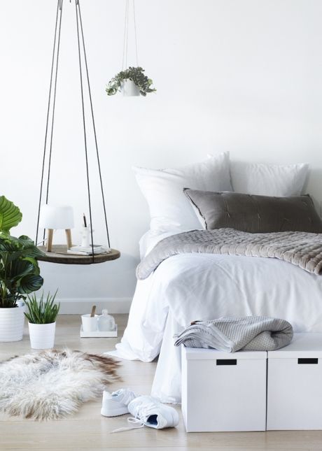 Round Wood Shelf Hung by Black Cords with Tiny Lamp