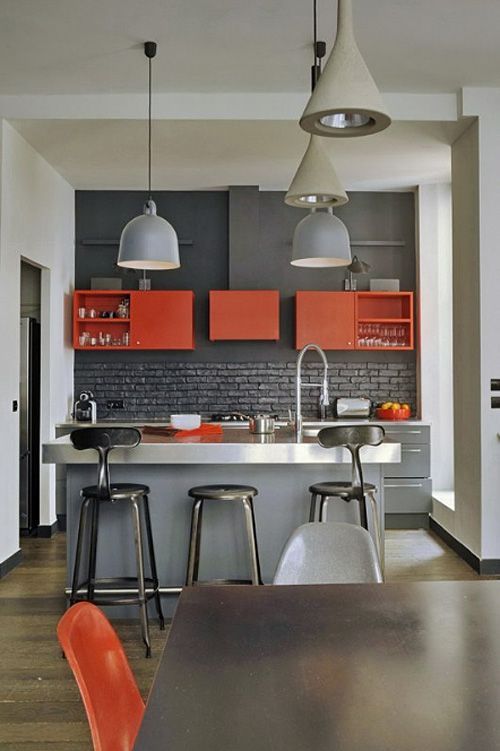 Floating Orange Cabinets Add a Pop of Color