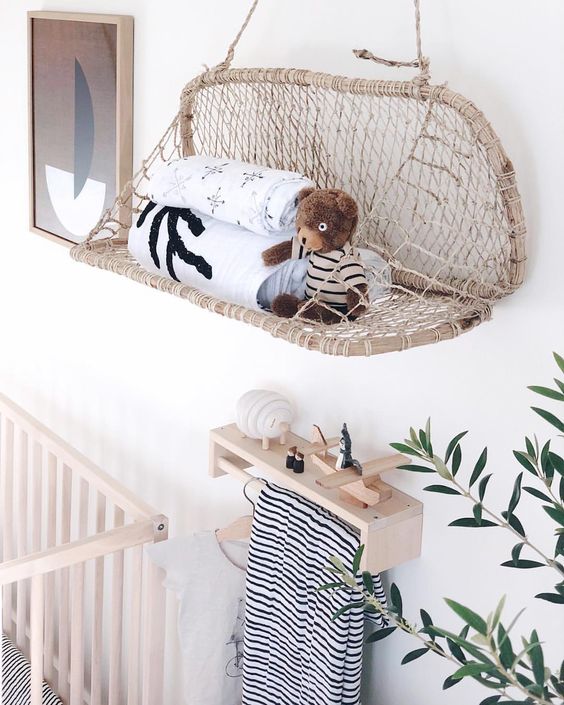 Rope Hammock Shelf for Rolled Swaddles and Toys