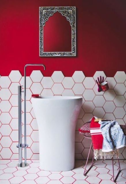 White Hexagon Tile With Red Grout for a Bold Graphic Look
