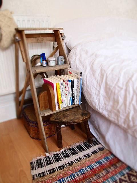 Wooden Step Ladder Provides Tiered Bedside Storage