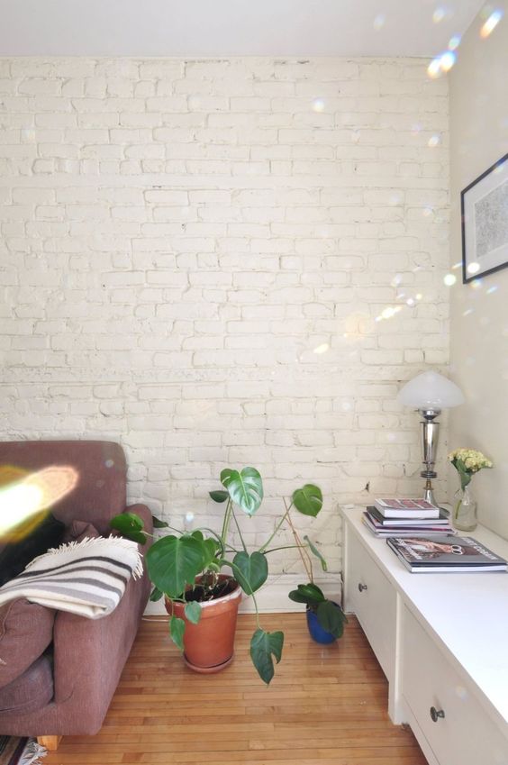 Large Leafy Plants Add Organic Shapes To Whitewashed Brick