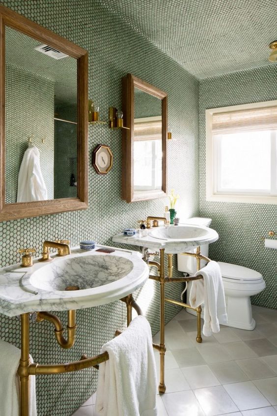Green Penny Tile Walls and Ceiling Create an Immersive Space