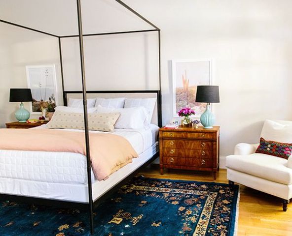 Dark Wood Dresser With Teal Lamps Adds Color