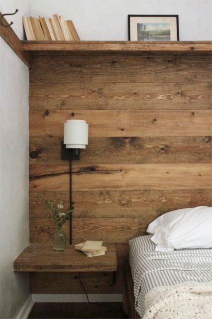 Floating Wood Nightstand with Books and Vase