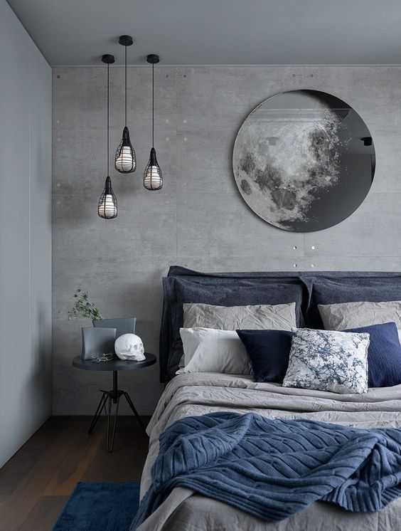 Round Moon Mirror Reflects Celestial Charm Above the Bed