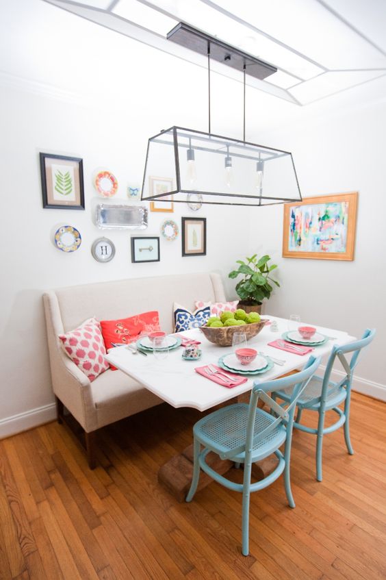 Corner Banquette With Patterned Pillows Adds Cozy Seating