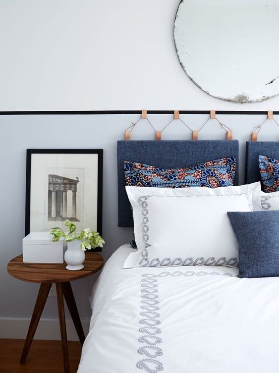 Denim Headboards Hung With Copper Wire and Leather Loops