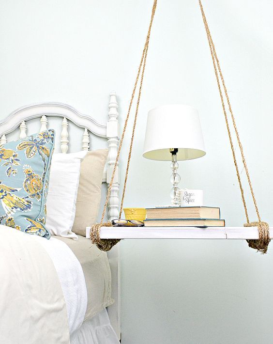 White Plank Shelf Hung by Thick Rope for Bedside Essentials