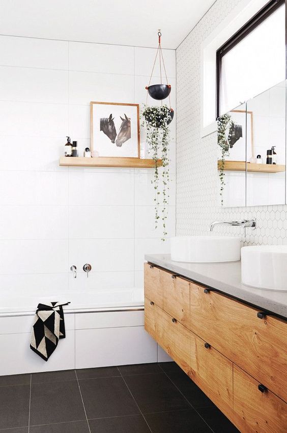 Hanging Planters Add Vertical Greenery Above the Tub
