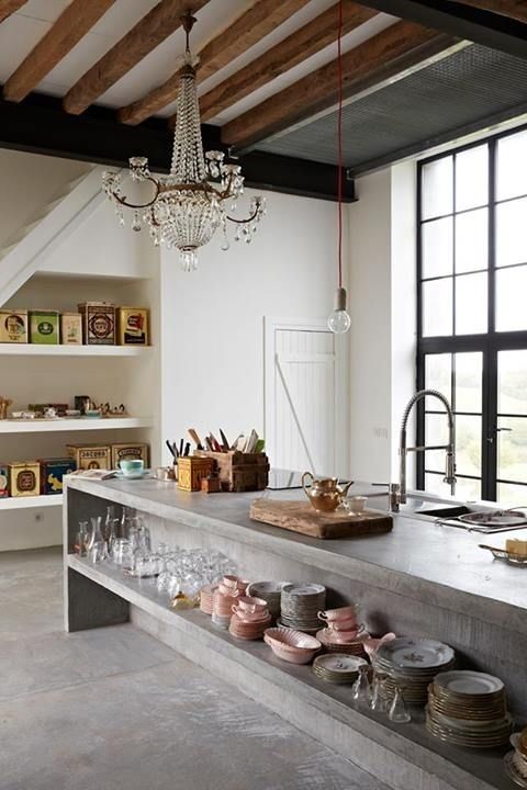 Open Concrete Shelves for Displaying Dishes and Glassware