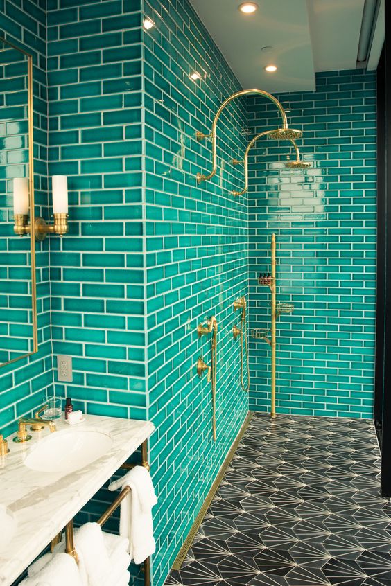 Bold Teal Subway Tile Walls Create a Jewel Box Effect