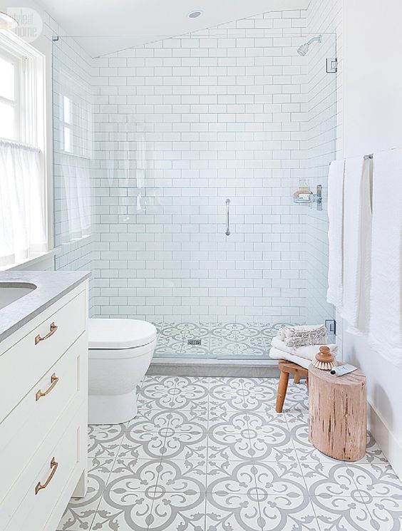 Patterned Floor Tiles Ground A Bright White Bathroom